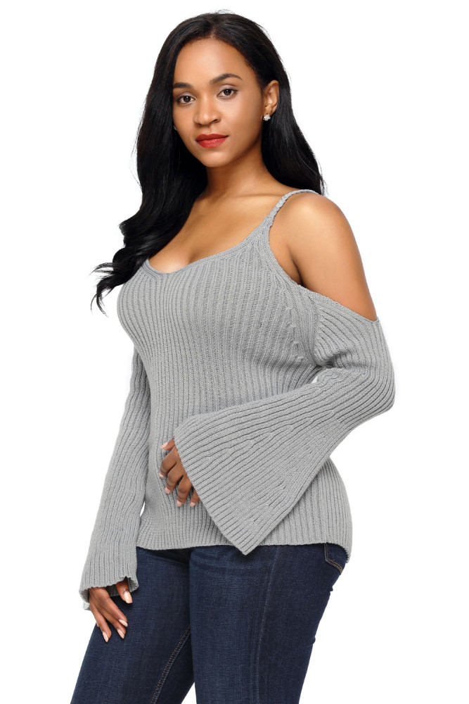 Gray Cold Shoulder Bell Sleeve Sweater