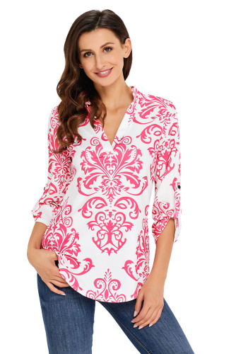 Pink Damask Print Slight Collar V Neck Blouse