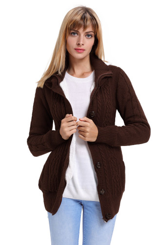 Brown Long Sleeve Button-up Hooded Cardigans