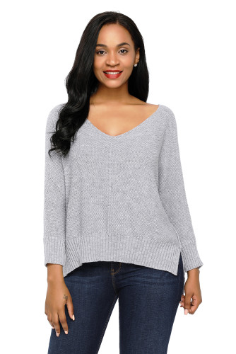 Gray Oversized Knit High-low Slit Side Sweater