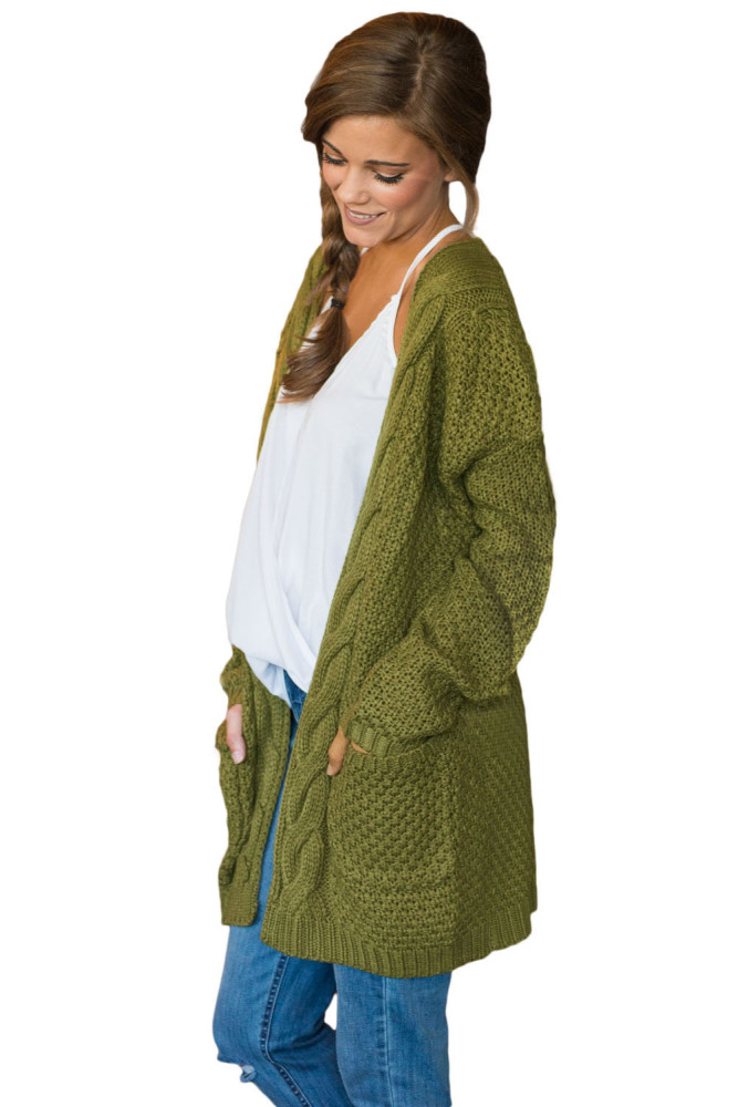 Army Green Long Open Front Pocket Cardigan