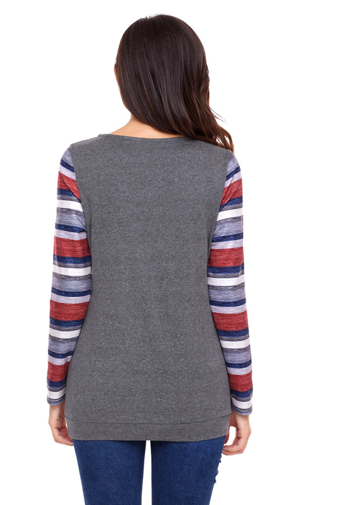 Multicolor Stripes Sleeve Pullover Taupe Sweatshirt