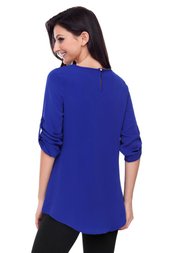 Blue Ruched Detail Pin up Sleeve Front Blouse