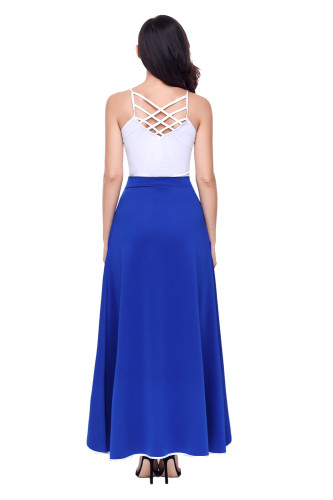 Royal Blue Piped Button Embellished High Waist Maxi Skirt