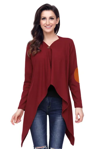 Purplish Red Elbow Patch Women Cardigan