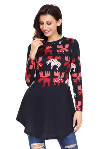Red Cartoon Reindeer Print Black Christmas Blouse