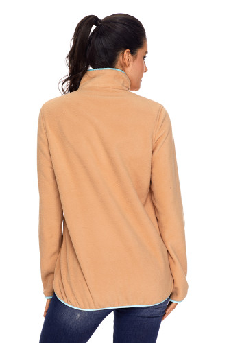 Khaki Stand Collar Buttons Fleece Pullover Top