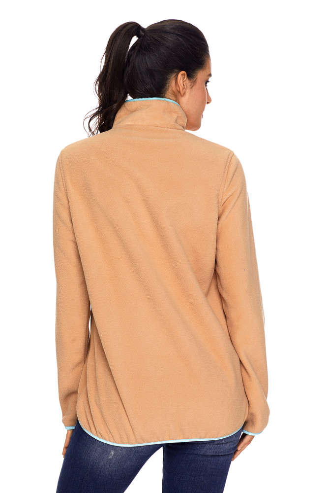 Khaki Stand Collar Buttons Fleece Pullover Top