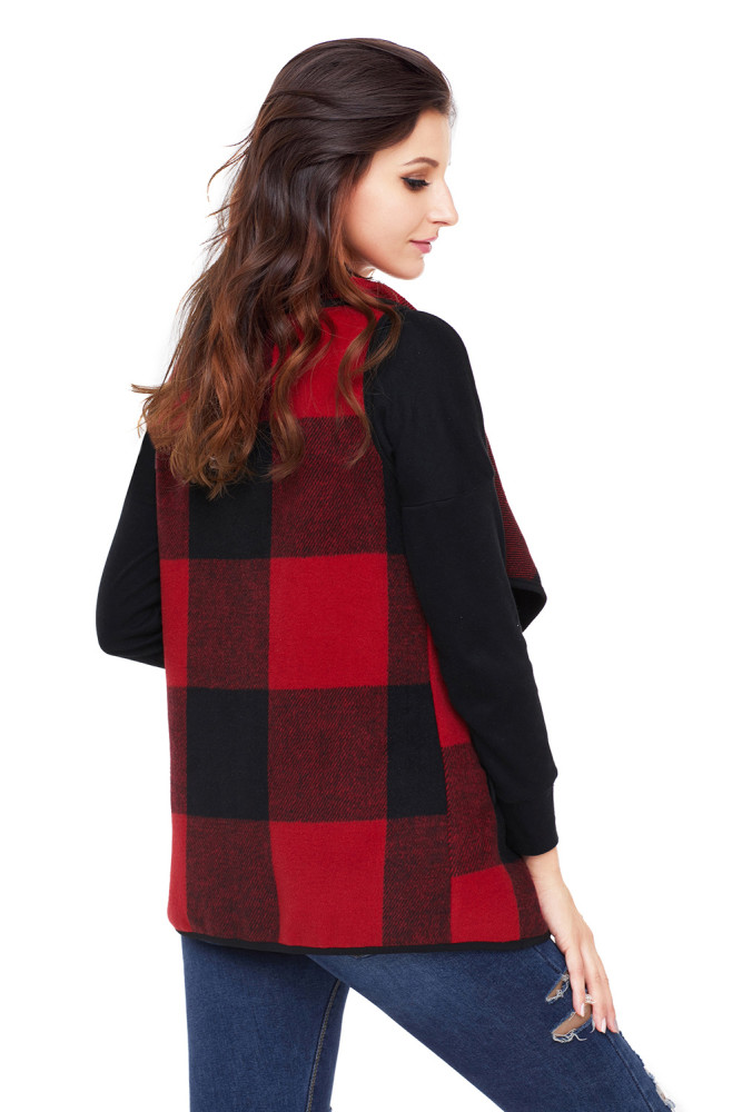 Red Black Plaid Open Front Vest
