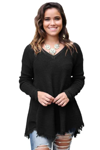 Black V Neck Waffle Knit Sweater
