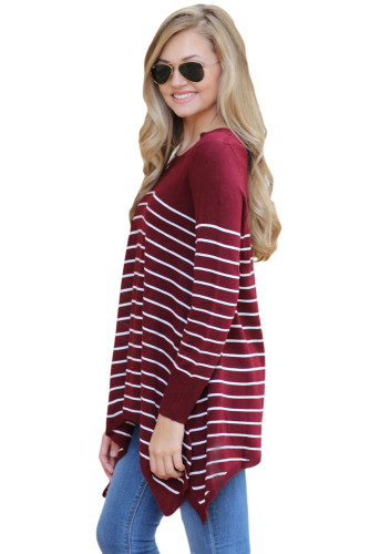 Wine Striped Knit Pullover Sweater Top