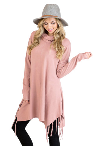 Pink Cowl Neck Fringe Tunic