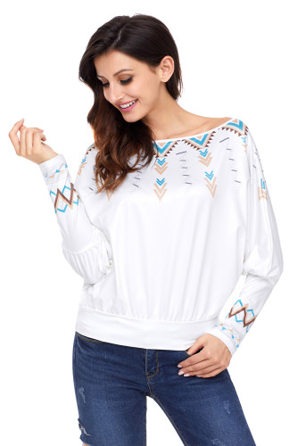White Printed Batwing Sleeve Skew Neck Blouse