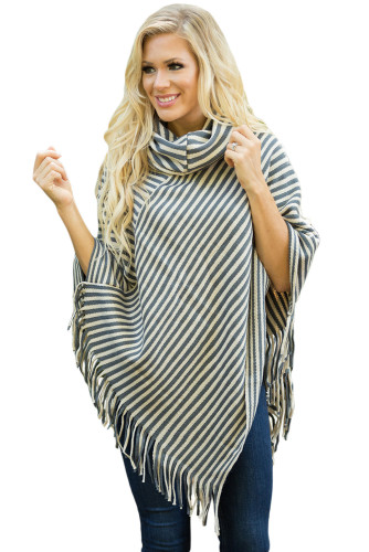 Gray White Stripes Cowl Neck Poncho Sweater