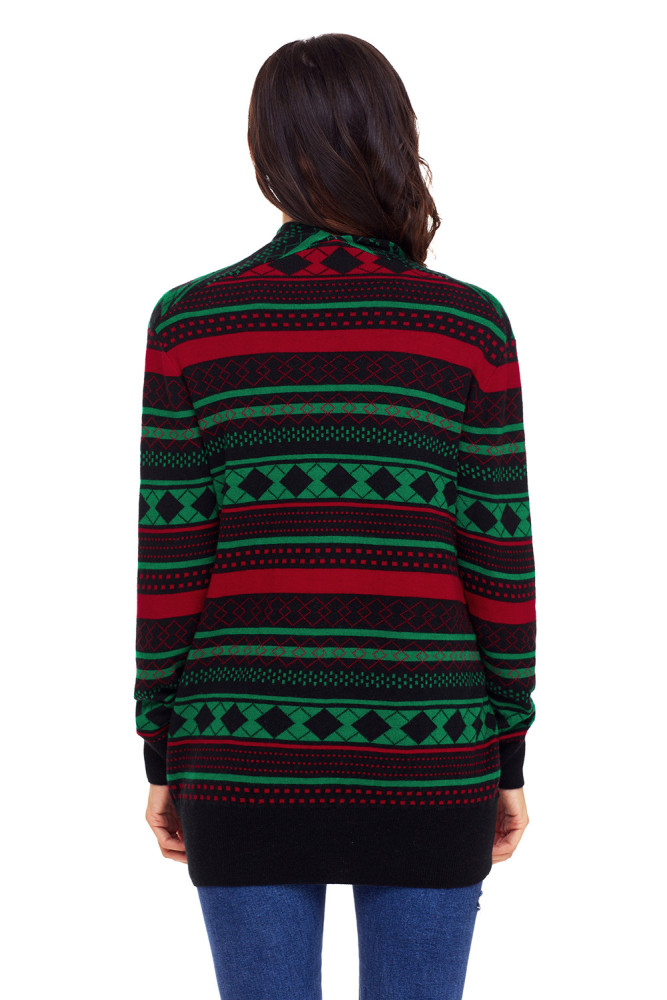 Black Red Green Geometric Knit Christmas Cardigan
