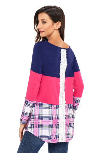 Rosy Navy Block Plaid Splice Long Sleeve Top