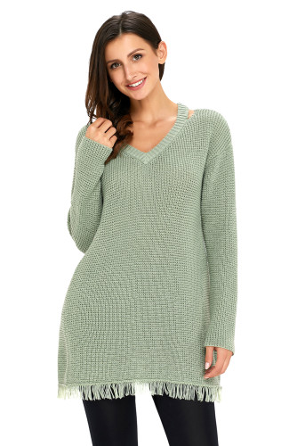 Green V Neck Waffle Knit Sweater