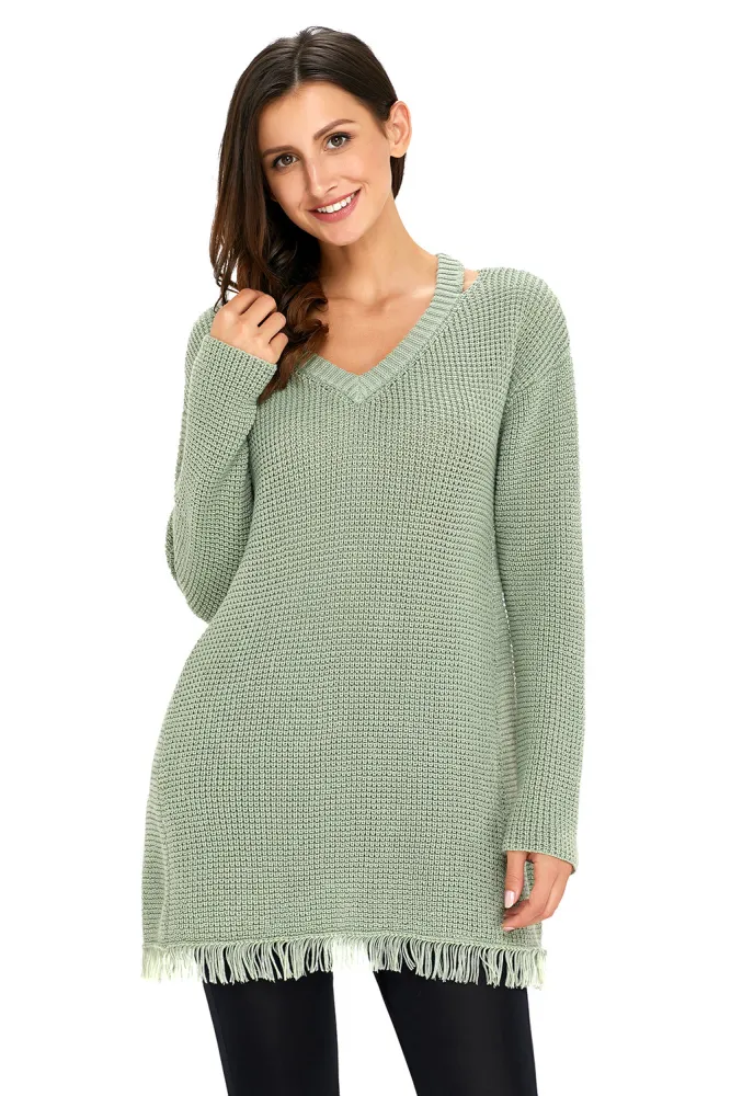 Green V Neck Waffle Knit Sweater
