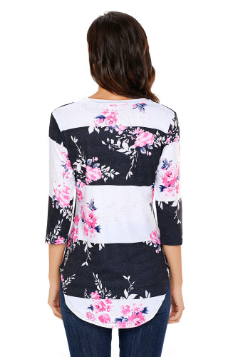 Charcoal White Bold Stripe Pink Floral Shirt