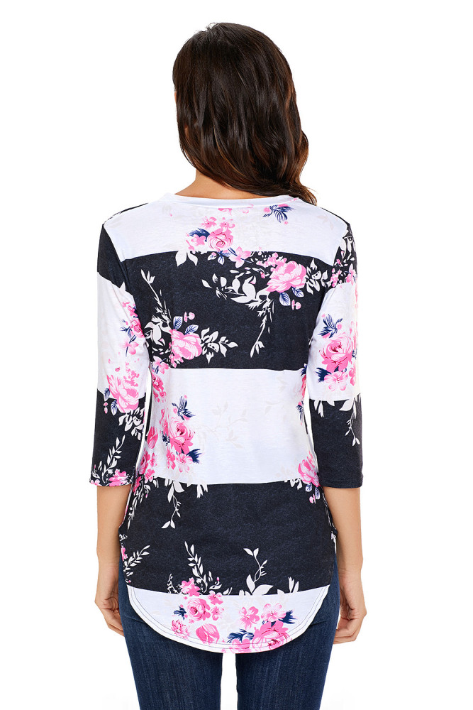 Charcoal White Bold Stripe Pink Floral Shirt