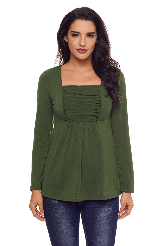 Army Green Square Neckline Ruched Long Sleeve Blouse