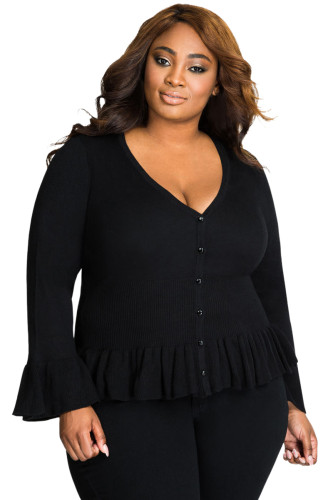 Black Ruffle Hem V Neck Plus Size Cardigan