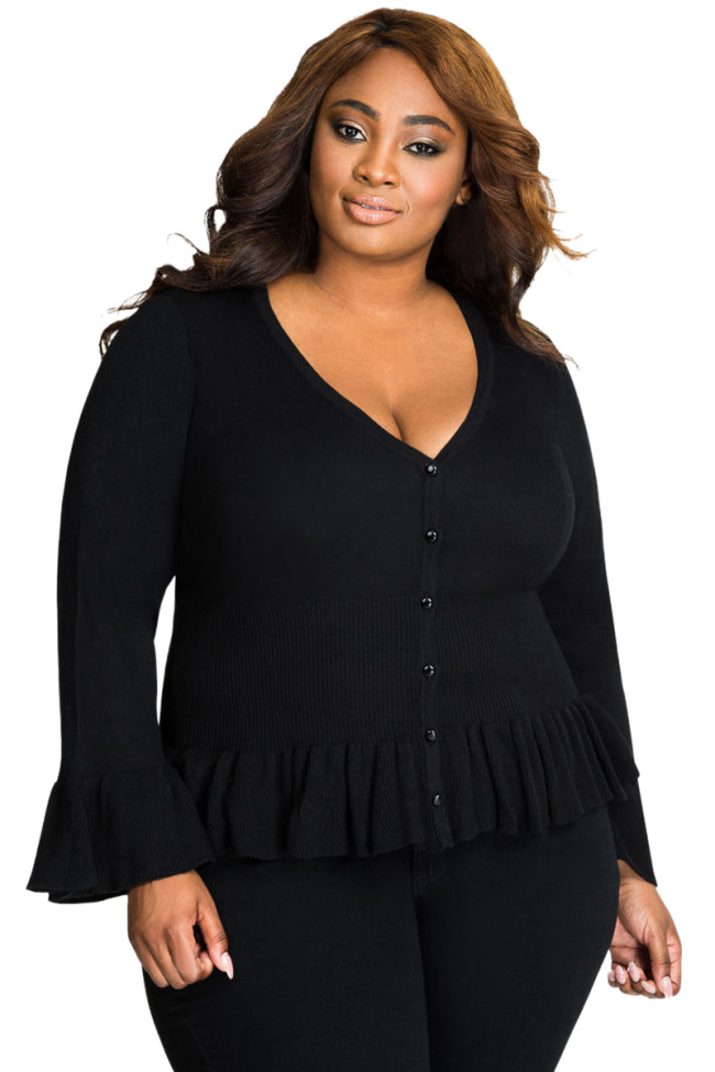 Black Ruffle Hem V Neck Plus Size Cardigan
