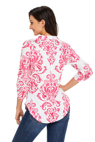 Pink Damask Print Slight Collar V Neck Blouse