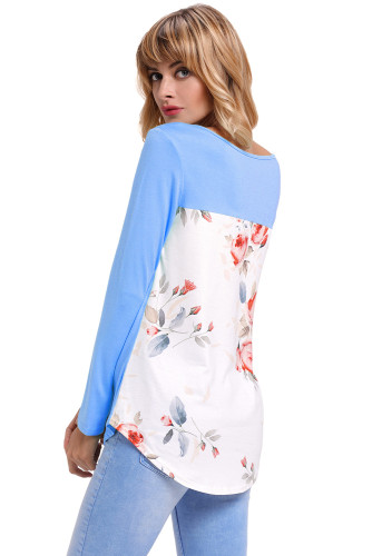 Blue Crisscross Neck Floral Back Long Sleeve Top