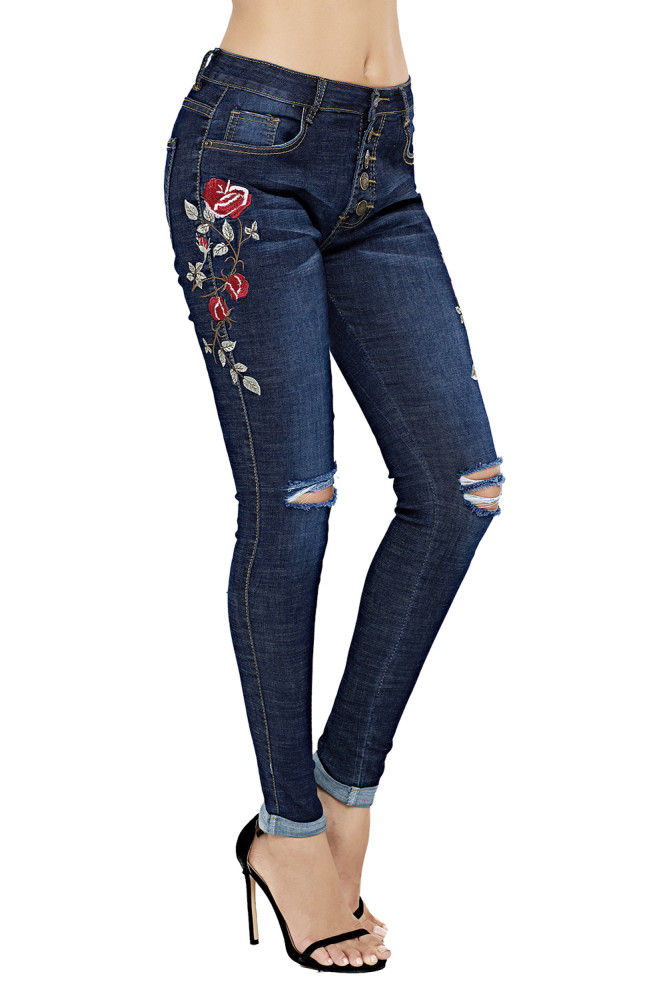 Floral Embroidered Knee Distress Skinny Jeans