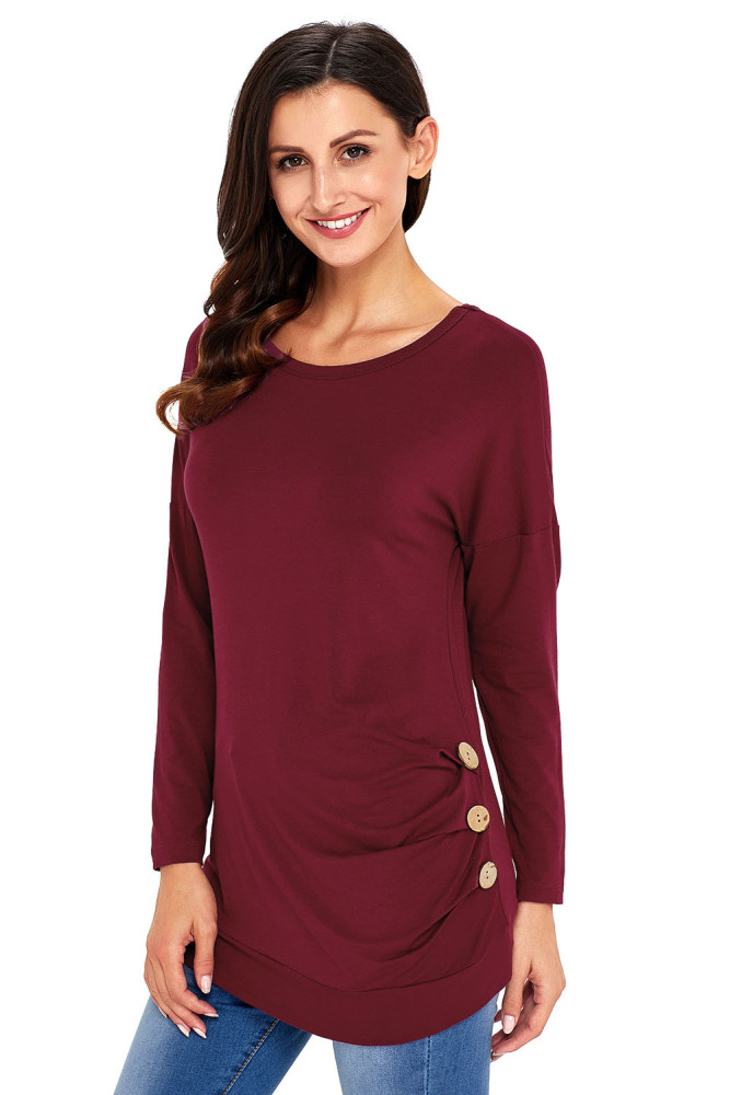 Claret Buttoned Side Long Sleeve Spring Autumn Womens Top