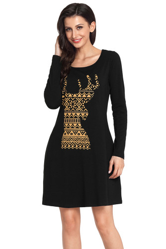 Geometric Snowflake Reindeer Black Christmas T-shirt Dress