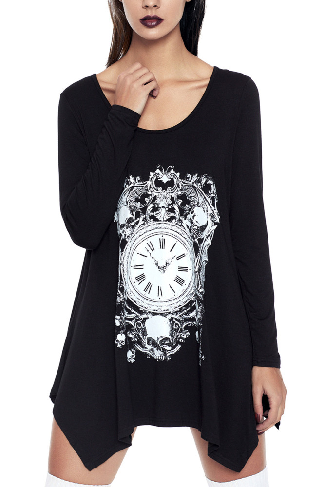 Black Handkerchief Hem Skull Timer Tunic Top