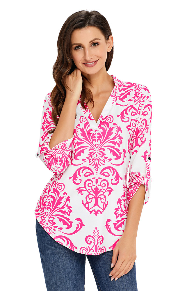 Rosy Damask Print Slight Collar V Neck Blouse