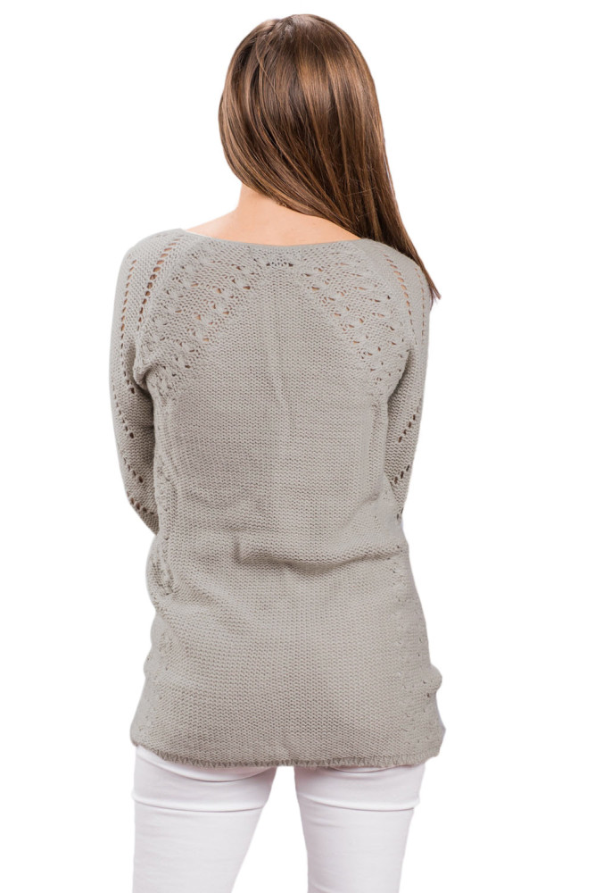 Oatmeal Open Knit Sleeve Cutout V Neck Sweater