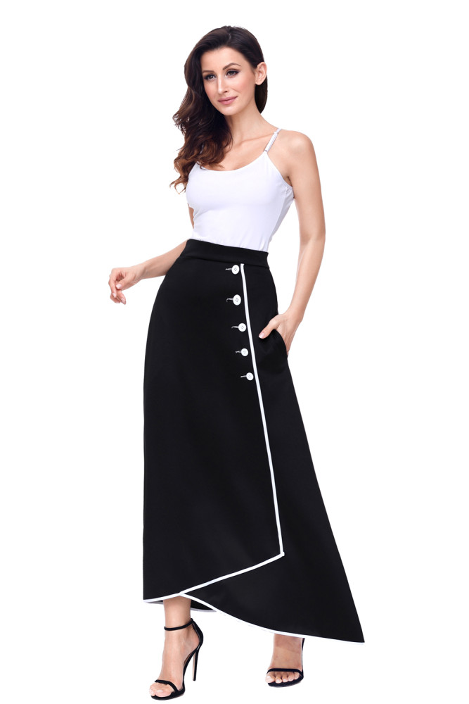 Black Piped Button Embellished High Waist Maxi Skirt
