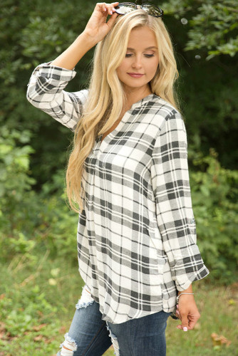 Grey White Plaid Long Sleeve Preppy Blouse