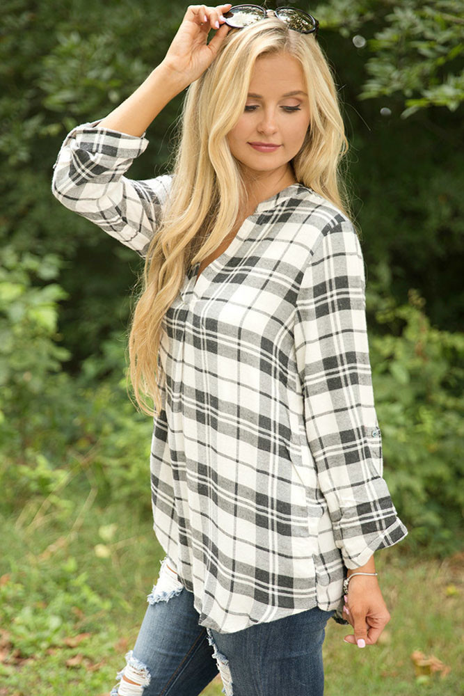 Grey White Plaid Long Sleeve Preppy Blouse