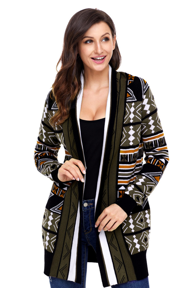 Army Green Aztec Print Cardigan