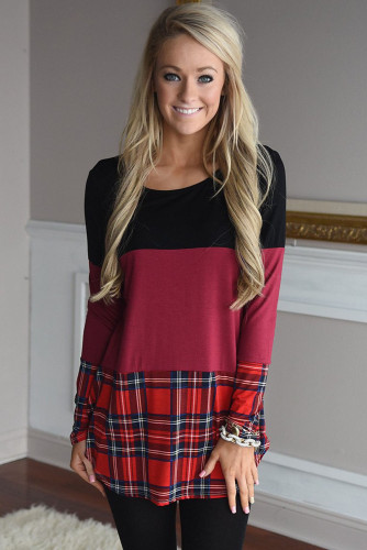 Black Red Block Plaid Splice Long Sleeve Top