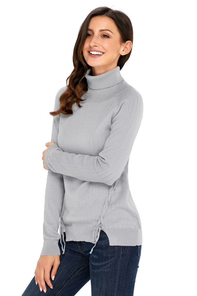 Gray Long Sleeve Turtleneck Braided Sweater