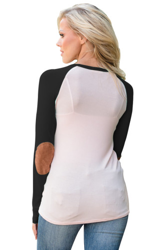 Black Raglan Sleeve Elbow Patch and Buttons Top