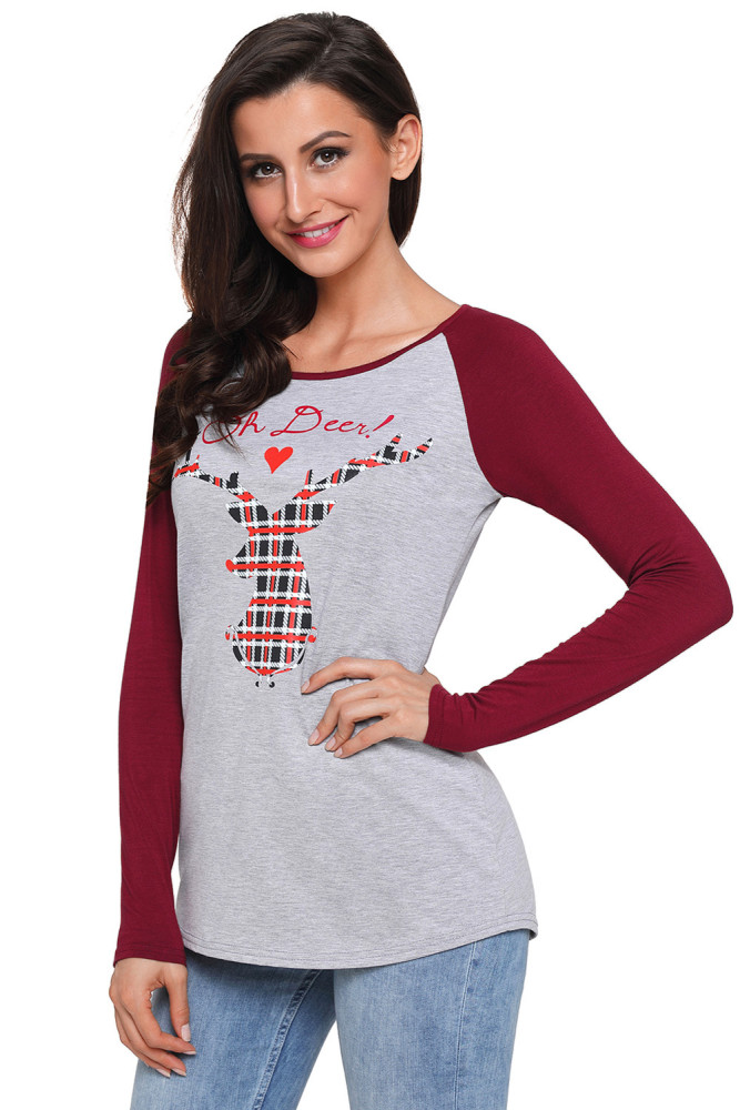 Oh Deer Plaid Christmas Reindeer Red Sleeve Blouse
