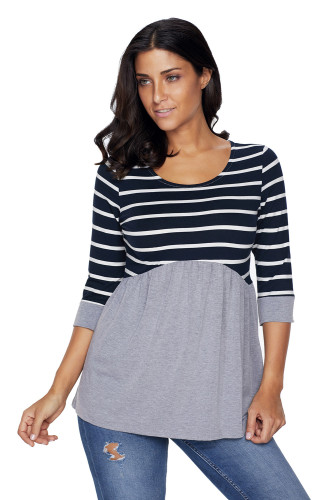Striped Spliced Gray Contrast 3/4 Sleeve Blouse