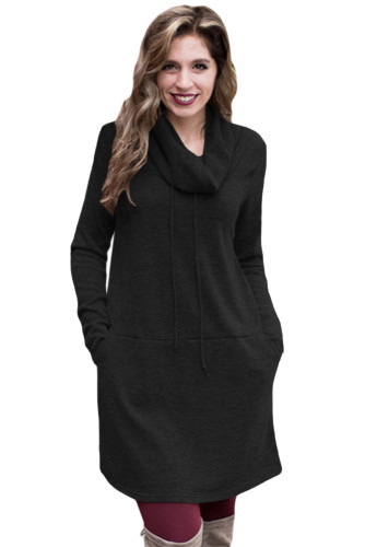 Black Drawstring Cowl Neck Sweatshirt Dress