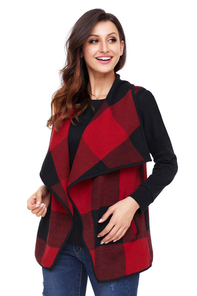Red Black Plaid Open Front Vest