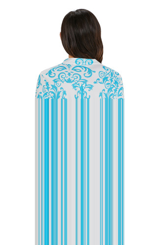 Blue Damask Print Slight Collar V Neck Blouse