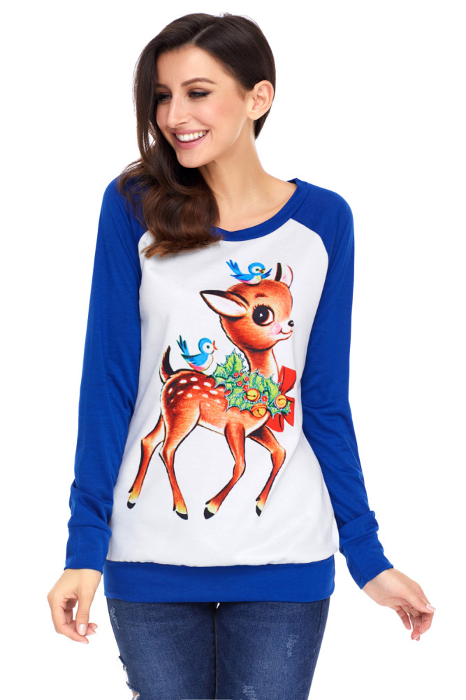 Reindeer and Birds Blue Long Sleeve Christmas Shirt