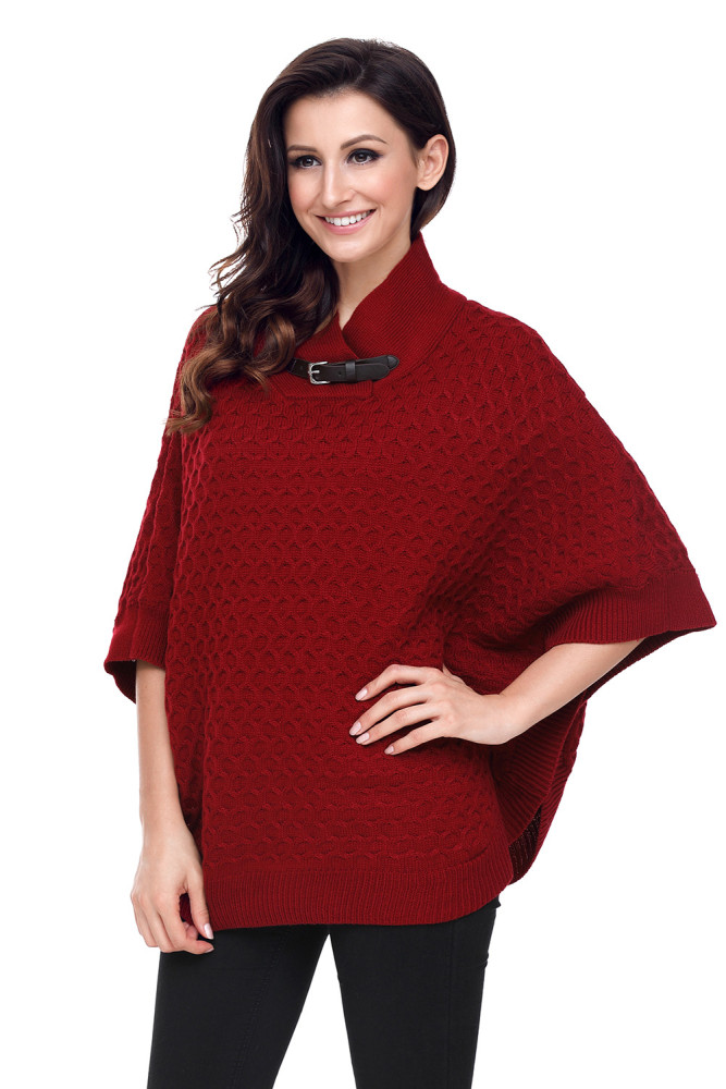 Burgundy High Neck Waffle Knit Poncho