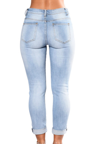 Rose Embroidered Knee Distress Light Wash Skinny Jeans
